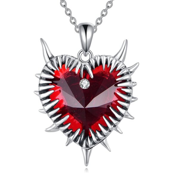Gothic Sterling Silver Heart Necklace with Red Crystal & Spikes - Unisex - Picture 1 of 6